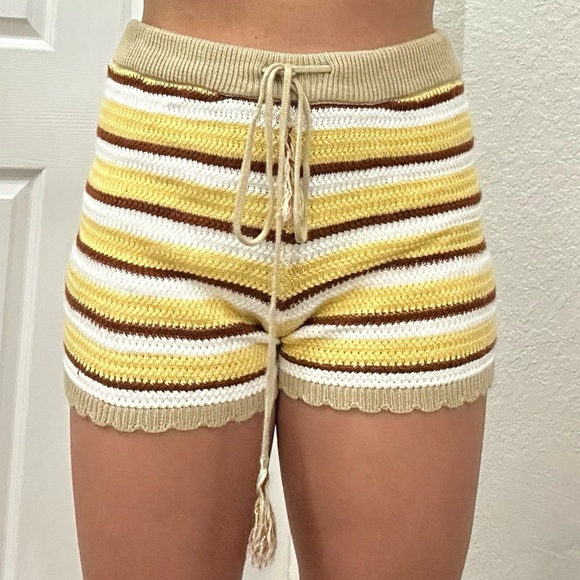 Y2k Hippie Crochet Striped Shorts with Drawstring Waist - Picture 2 of 10